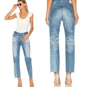 AG Adriano Goldschmied Jeans Women 26 Blue Phoebe Patchwork Tapered Seam Raw Hem